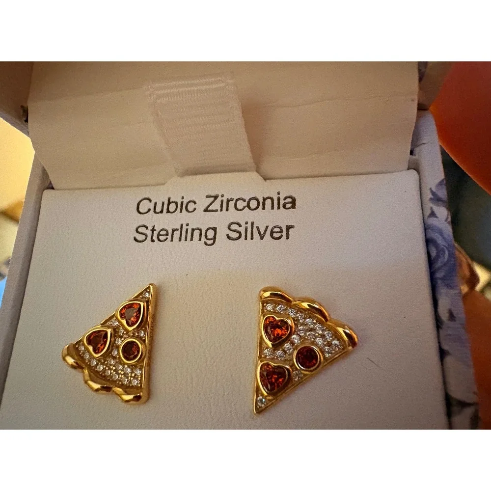 Rachel Zoe Pizza Stud Earrings Gold Sterling Silver Cubic Zirconia Red - Picture 5 of 8